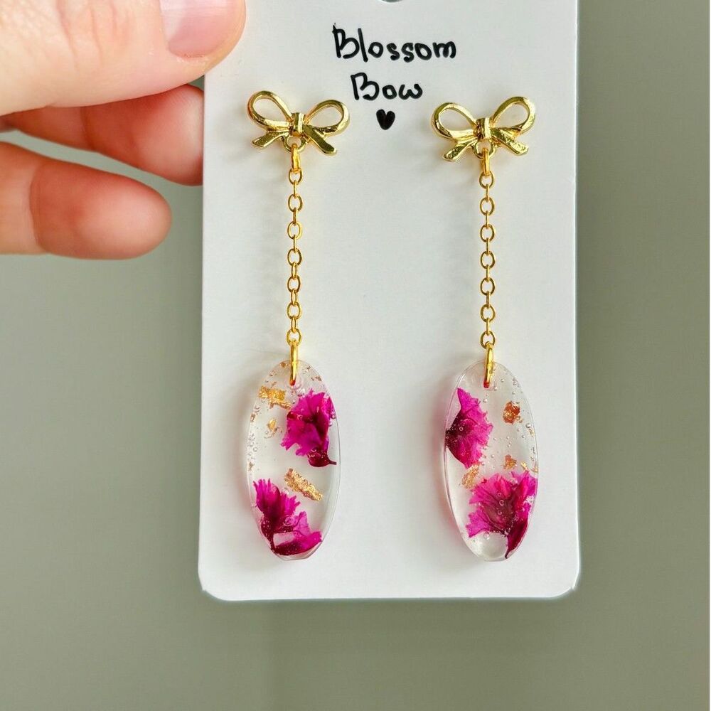Pink Flower Resin Dangle Earrings with Gold Bows and Delicate Chains